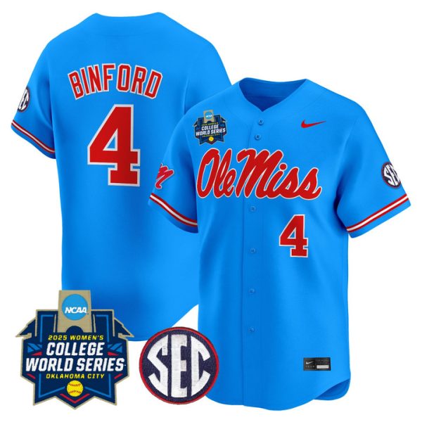 Size - Ole Miss Rebels Softball 2025 World Series (WCWS) Vapor Premier Limited Jersey Stitched Blue Aliyah Binford