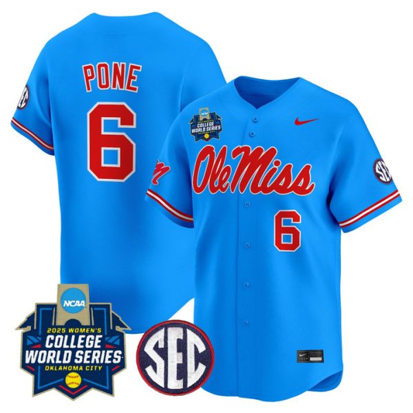 Size - Ole Miss Rebels Softball 2025 World Series (WCWS) Vapor Premier Limited Jersey Stitched Blue Jaden Pone