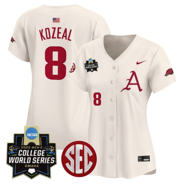 Women's Arkansas Razorbacks 2025 World Series Vapor Premier Limited Jersey Stitched Cream Cam Kozeal