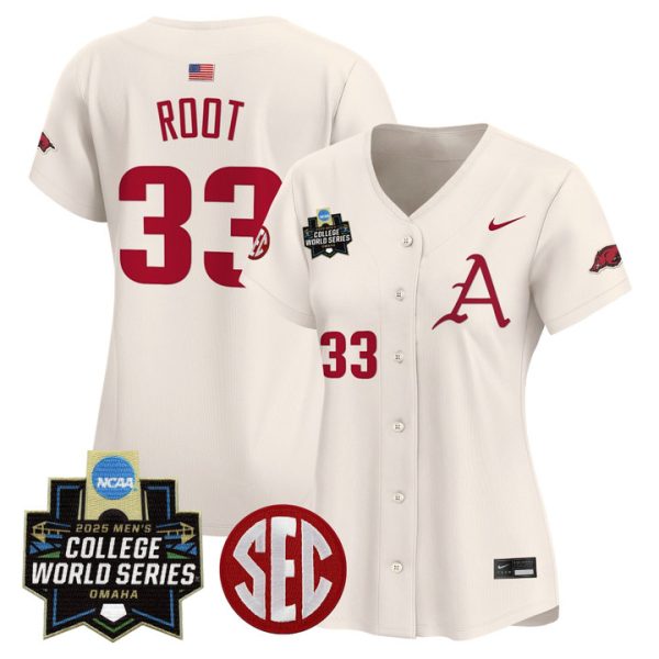 Women's Arkansas Razorbacks 2025 World Series Vapor Premier Limited Jersey Stitched Cream Zach Root