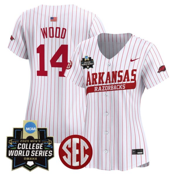 Women's Arkansas Razorbacks 2025 World Series Vapor Premier Limited Jersey Stitched Pinstripe Gage Wood