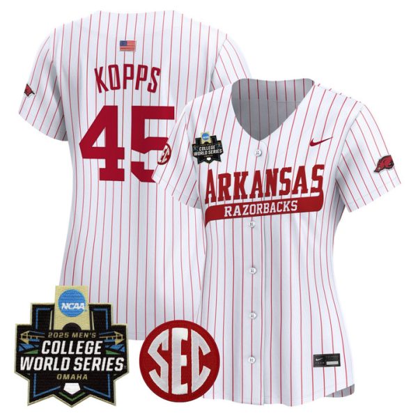 Women's Arkansas Razorbacks 2025 World Series Vapor Premier Limited Jersey Stitched Pinstripe Kevin Kopps