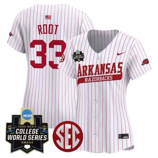 Women's Arkansas Razorbacks 2025 World Series Vapor Premier Limited Jersey Stitched Pinstripe Zach Root