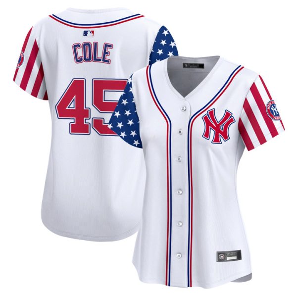 Women's New York Yankees 2025 Independence Day Vapor Premier Limited Jersey Stitched White Gerrit Cole