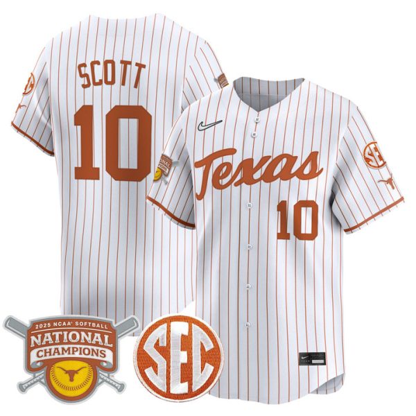 size - Texas Longhorns 2025 Softball National Champions Vapor Premier Limited Jersey Stitched White Pinstripe Mia Scott