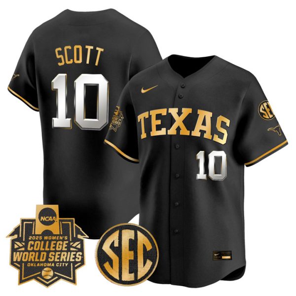 size - Texas Longhorns Softball 2025 World Series (WCWS) Vapor Premier Limited Jersey Stitched Black Gold Mia Scott