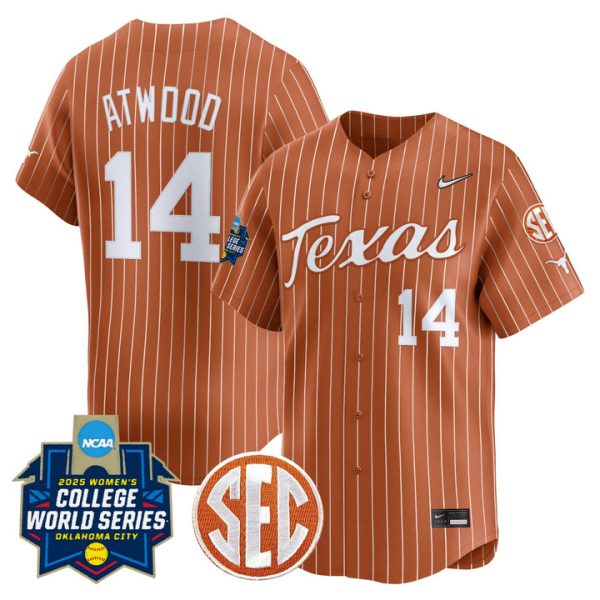 size - Texas Longhorns Softball 2025 World Series (WCWS) Vapor Premier Limited Jersey Stitched Orange Pinstripe Reese Atwood